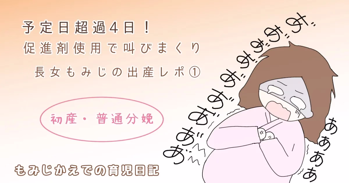予定日超過4日！促進剤使用で叫びまくり【長女もみじの出産レポ①】〜初産・普通分娩〜アイキャッチイラスト